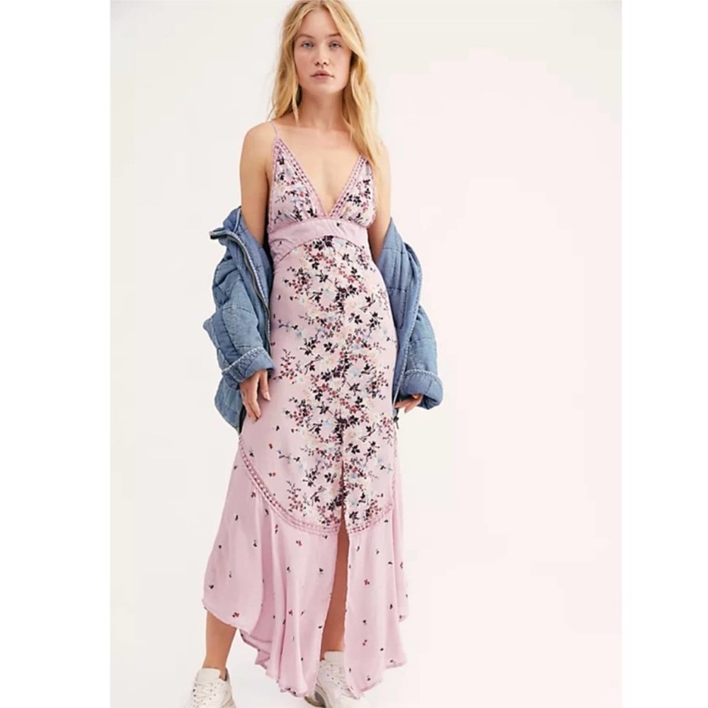 Free People Paradise Floral Printed Lavender Pink  Maxi Dress NWT